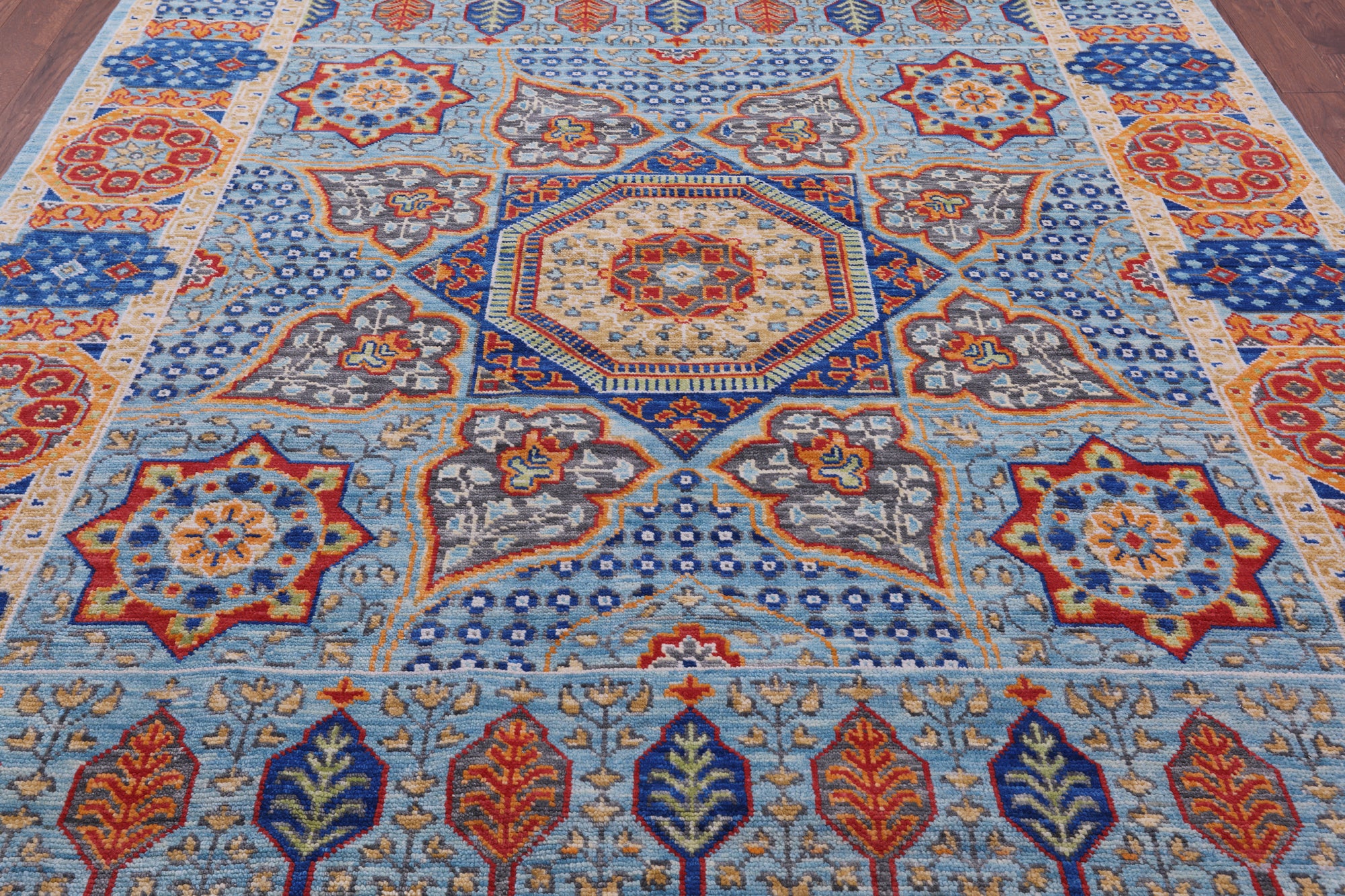 Blue Geometric Persian Mamluk Hand Knotted Wool Rug - 8' 0" X 9' 11" - Golden Nile