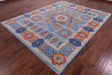 Blue Geometric Persian Mamluk Hand Knotted Wool Rug - 8' 0" X 9' 11" - Golden Nile