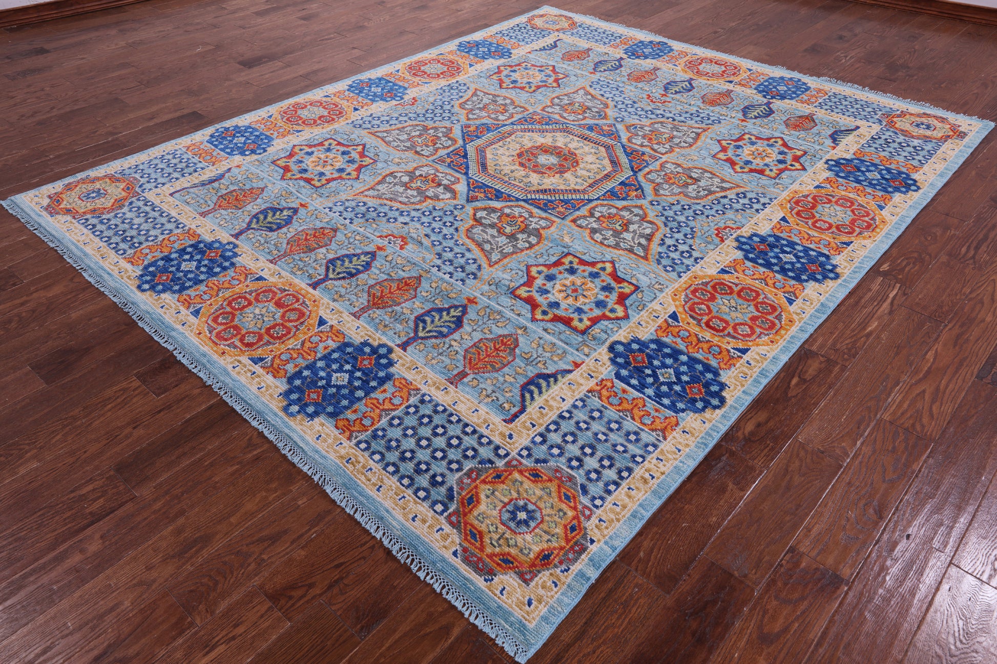 Blue Geometric Persian Mamluk Hand Knotted Wool Rug - 8' 0" X 9' 11" - Golden Nile
