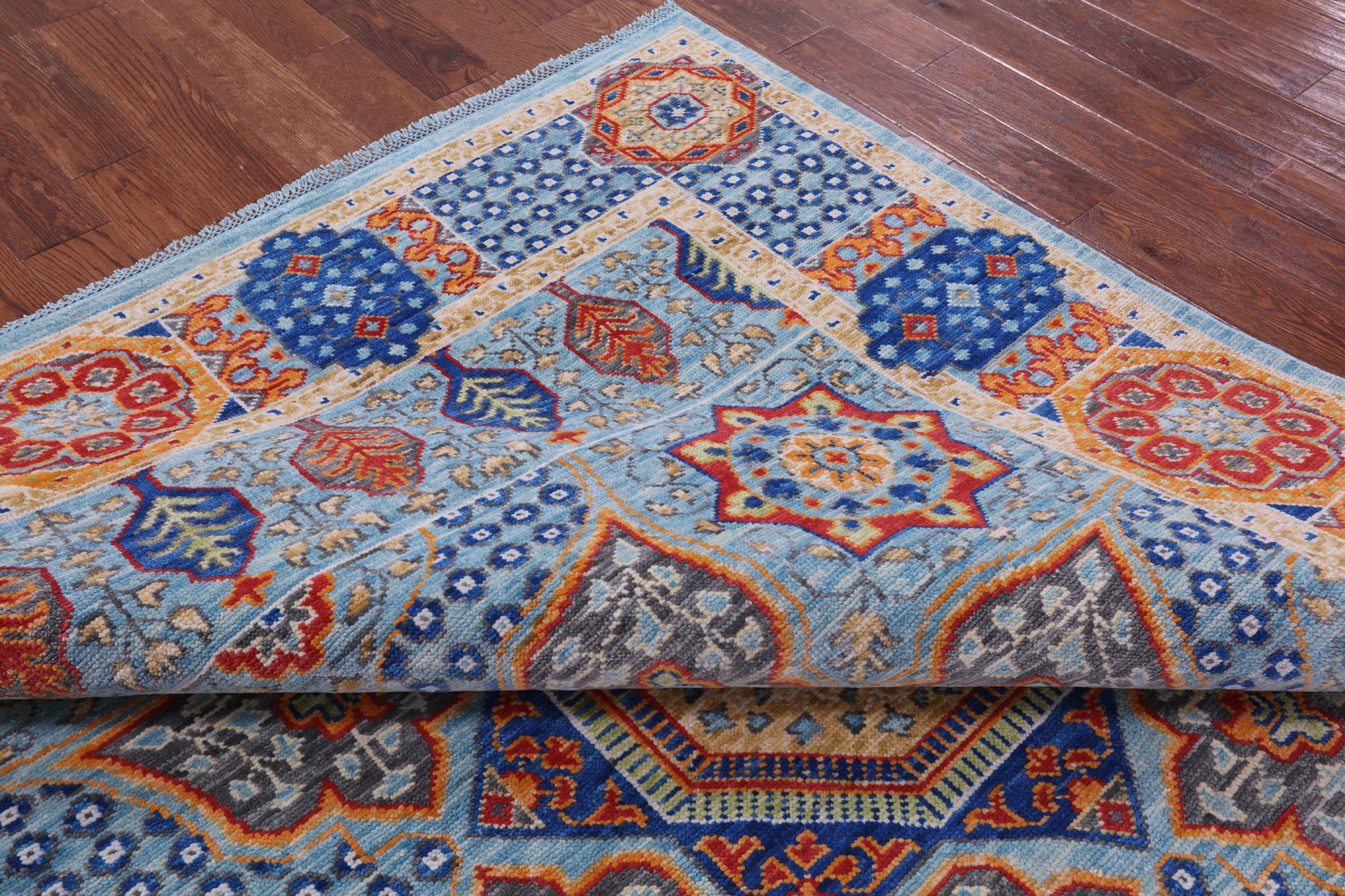 Blue Geometric Persian Mamluk Hand Knotted Wool Rug - 8' 0" X 9' 11" - Golden Nile
