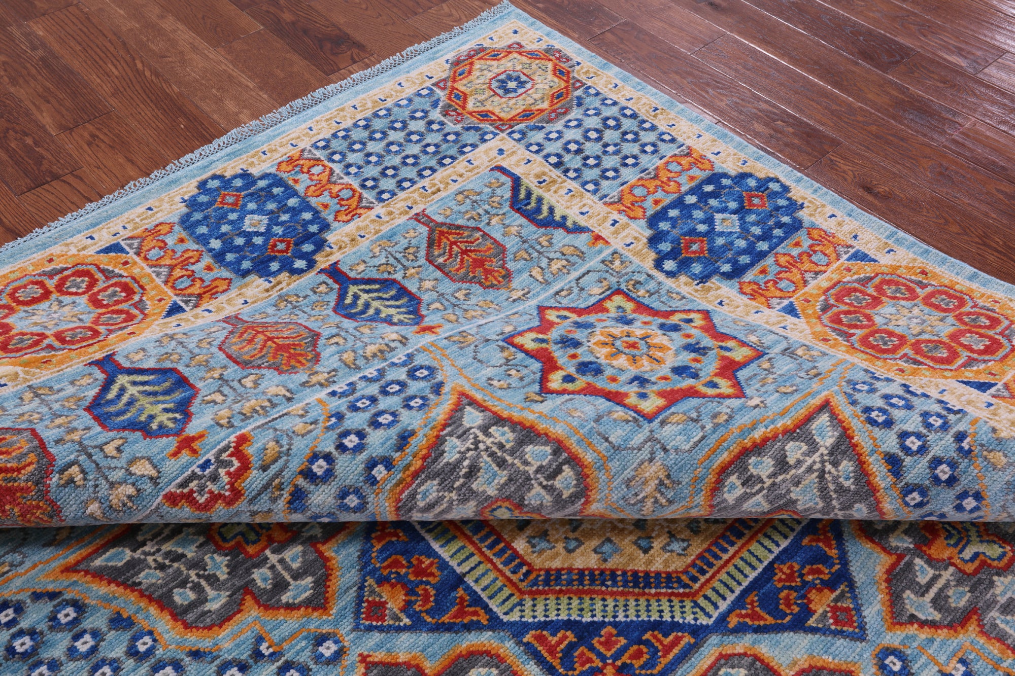 Blue Geometric Persian Mamluk Hand Knotted Wool Rug - 8' 0" X 9' 11" - Golden Nile