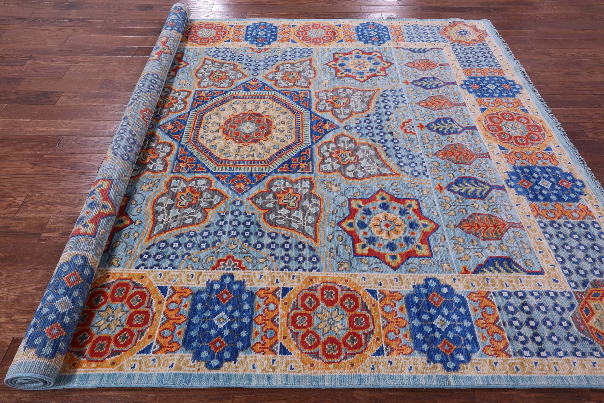 Blue Geometric Persian Mamluk Hand Knotted Wool Rug - 8' 0" X 9' 11" - Golden Nile