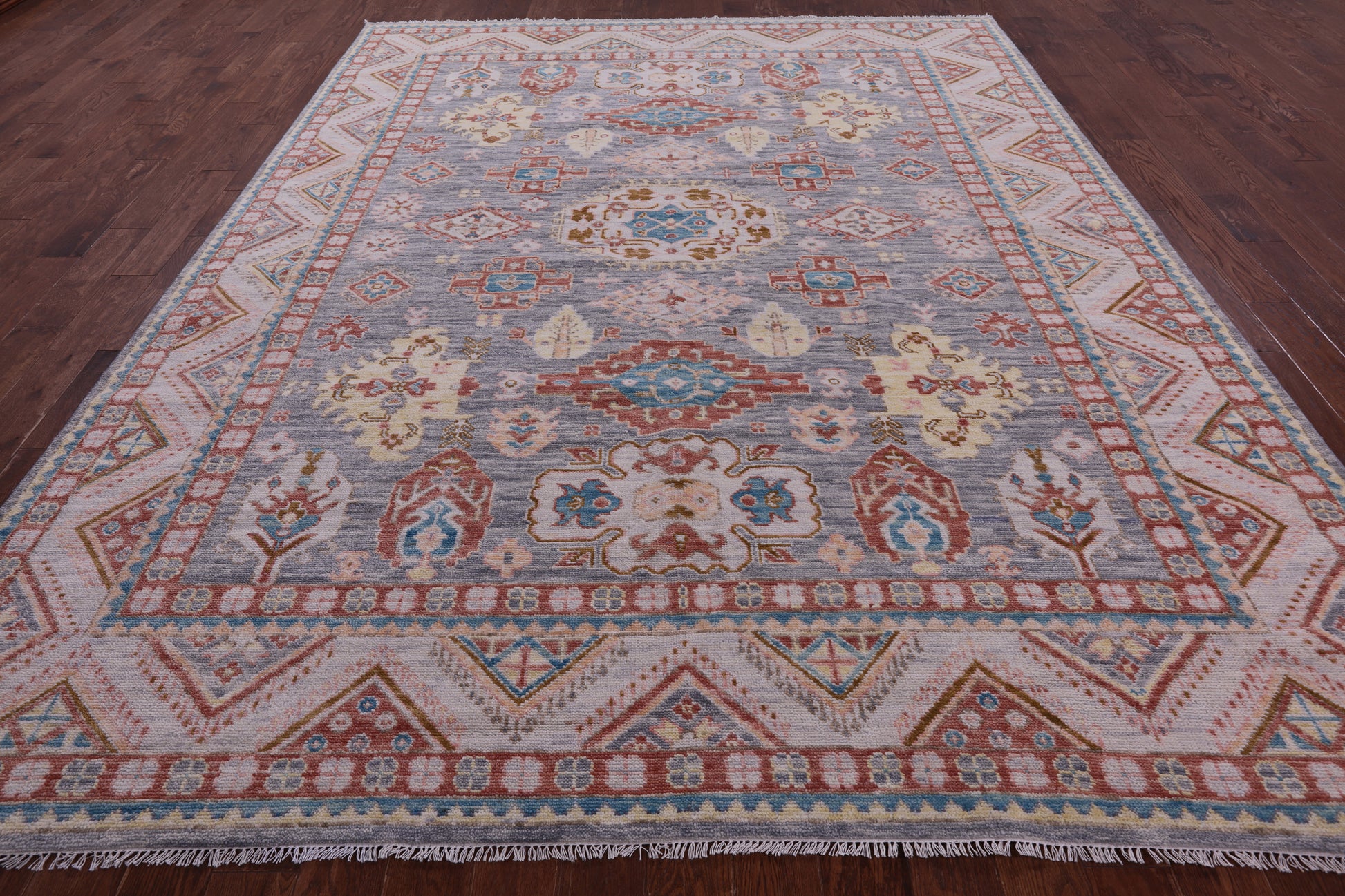 Grey Super Kazak Hand Knotted Wool Rug - 9' 1" X 12' 0" - Golden Nile