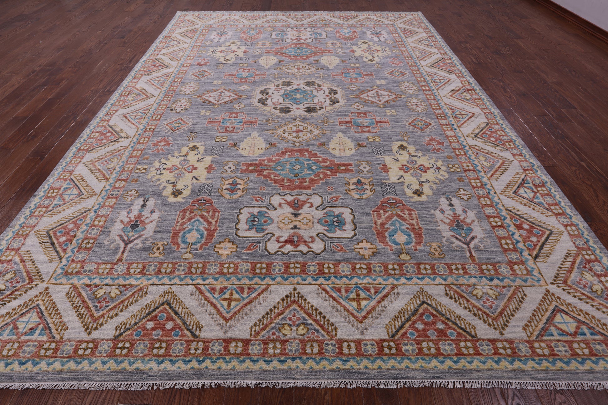 Grey Kazak Hand Knotted Wool Rug - 10' 1" X 13' 11" - Golden Nile