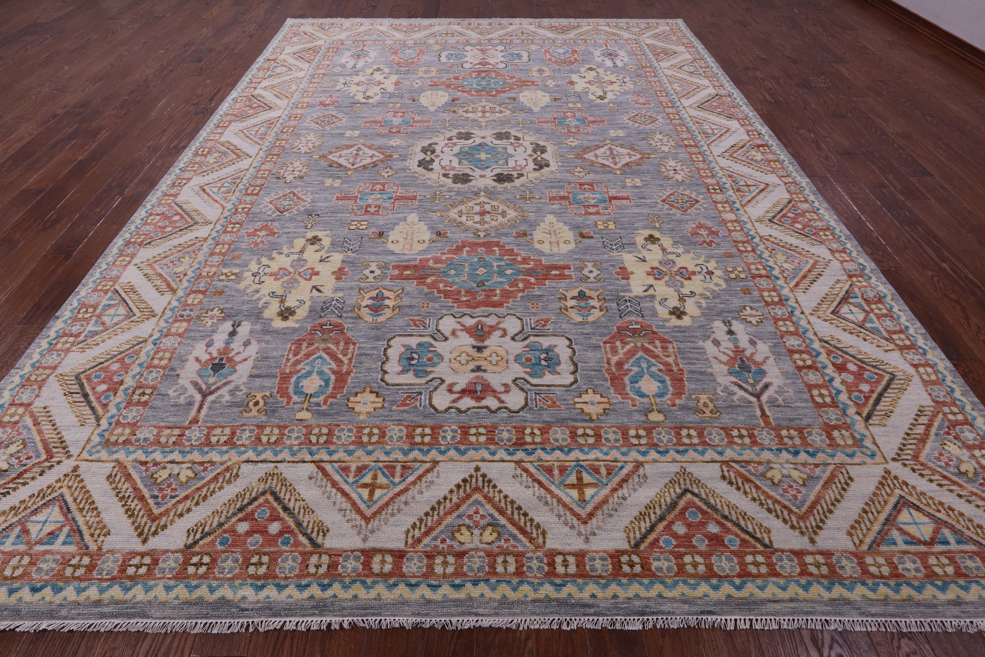 Grey Kazak Hand Knotted Wool Rug - 10' 1" X 13' 11" - Golden Nile