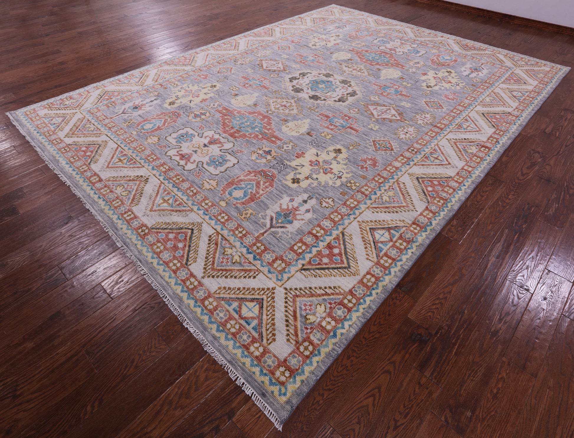Grey Kazak Hand Knotted Wool Rug - 10' 1" X 13' 11" - Golden Nile