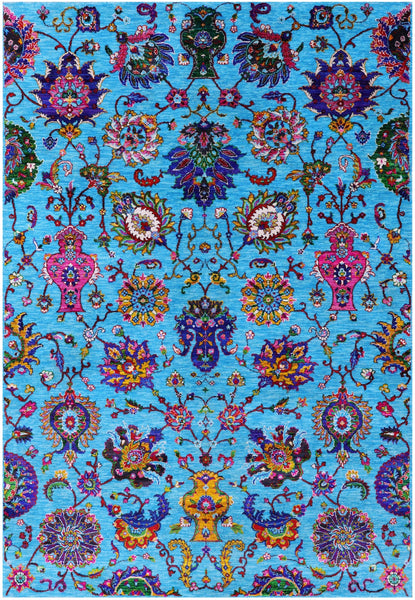 Blue Persian Tabriz Handmade Wool & Silk Rug - 6' 1" X 8' 10" - Golden Nile