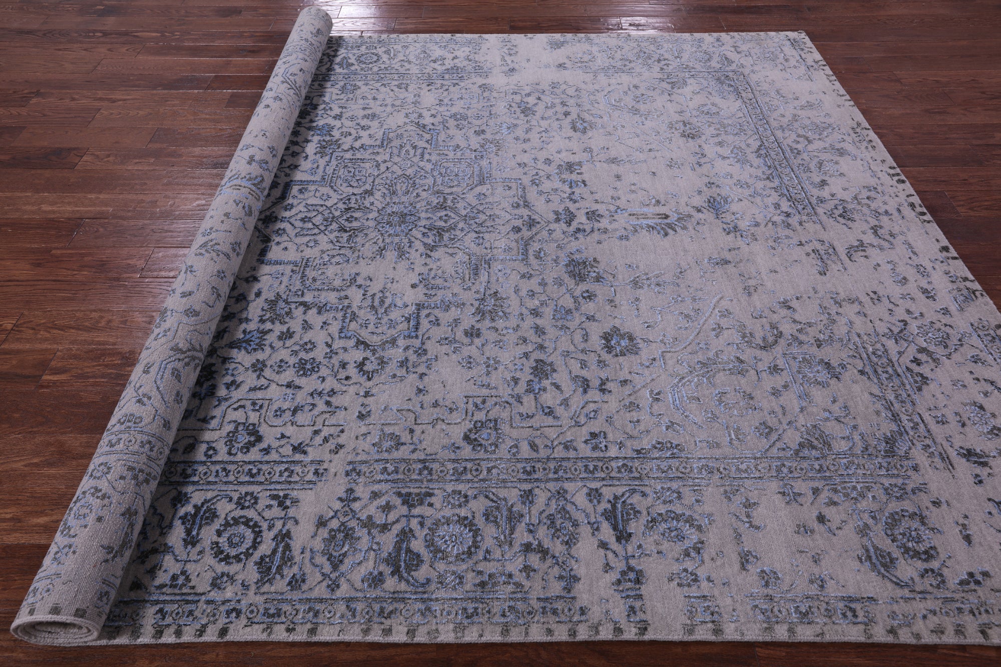 Grey Persian Fine Serapi Hand Knotted Wool & Silk Rug - 7' 11" X 9' 9" - Golden Nile