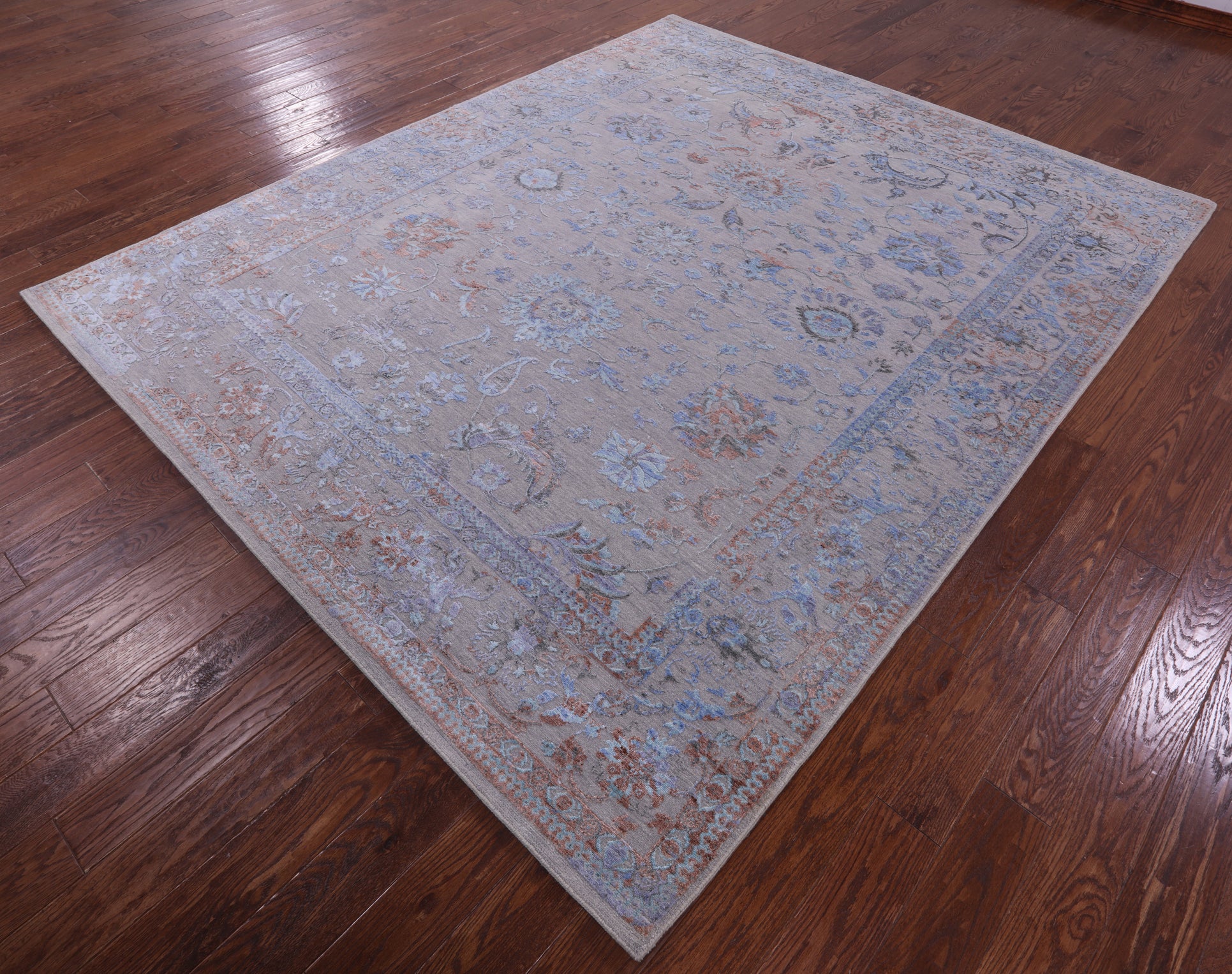 Grey Persian Tabriz Hand Knotted Wool & Silk Rug - 8' 0" X 9' 9" - Golden Nile