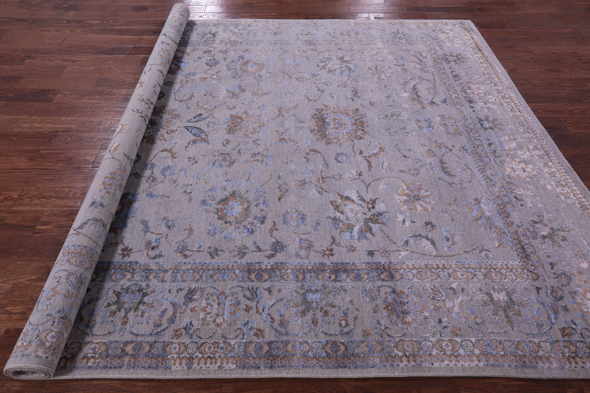 Grey Persian Tabriz Hand Knotted Wool & Silk Rug - 8' 1" X 9' 10" - Golden Nile