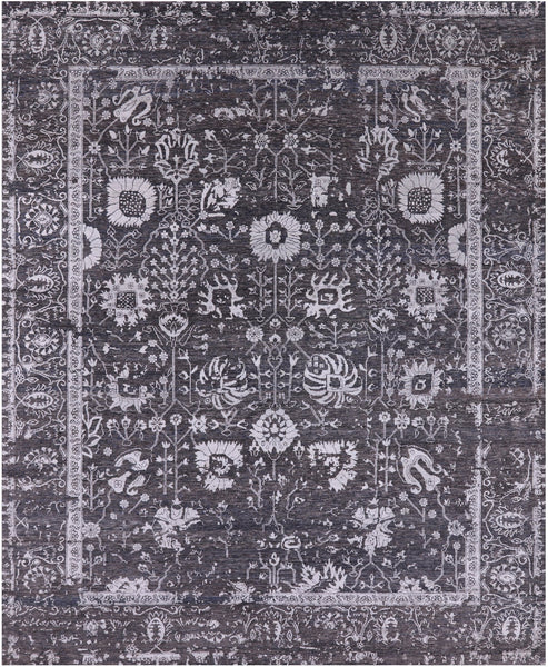 Grey Persian Tabriz Hand Knotted Wool & Silk Rug - 8' 0" X 10' 0" - Golden Nile