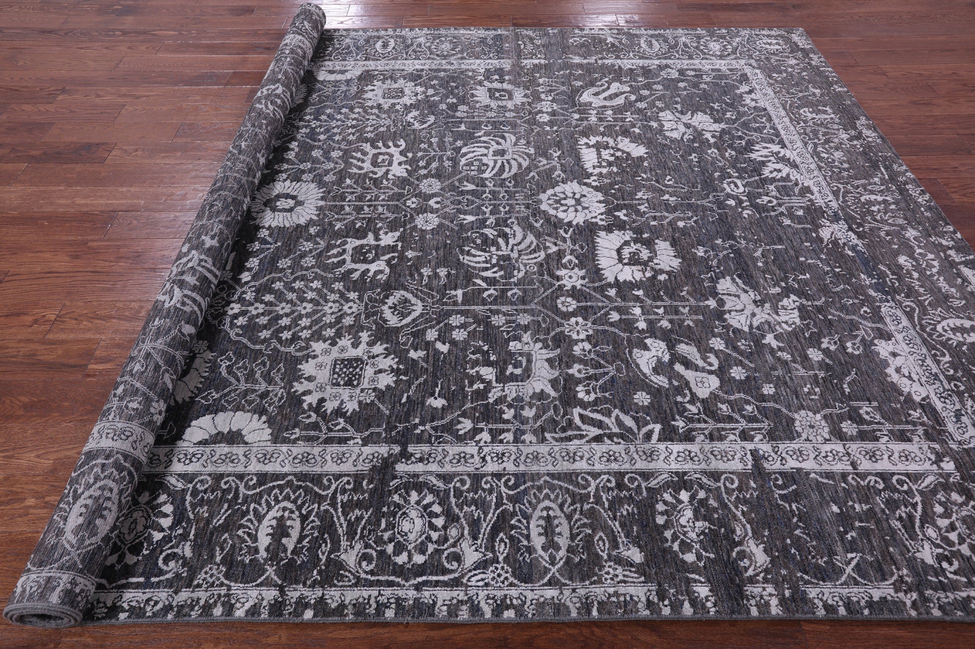 Grey Persian Tabriz Hand Knotted Wool & Silk Rug - 8' 0" X 10' 0" - Golden Nile