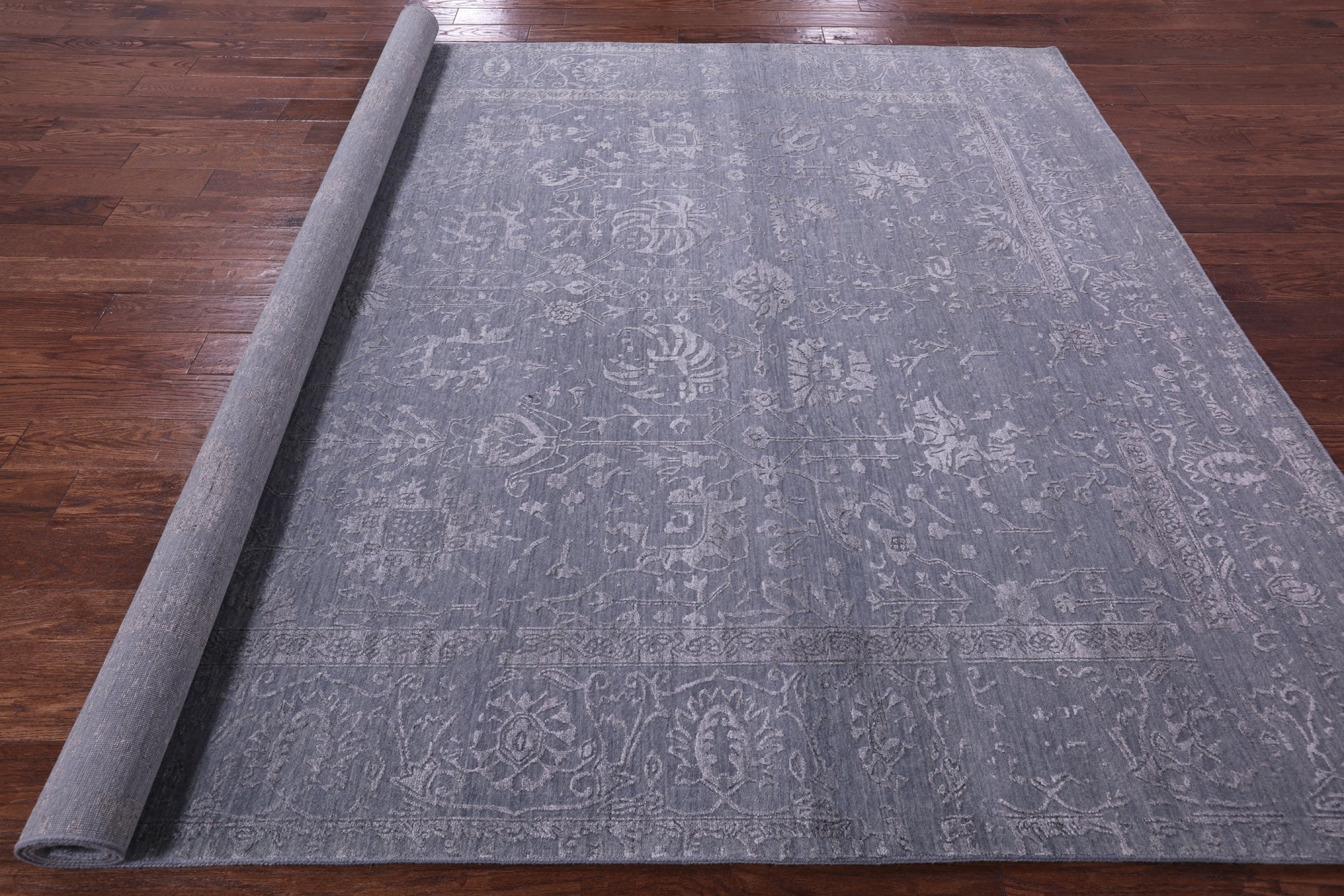 Grey Persian Tabriz Hand Knotted Wool & Silk Rug - 8' 0" X 9' 8" - Golden Nile