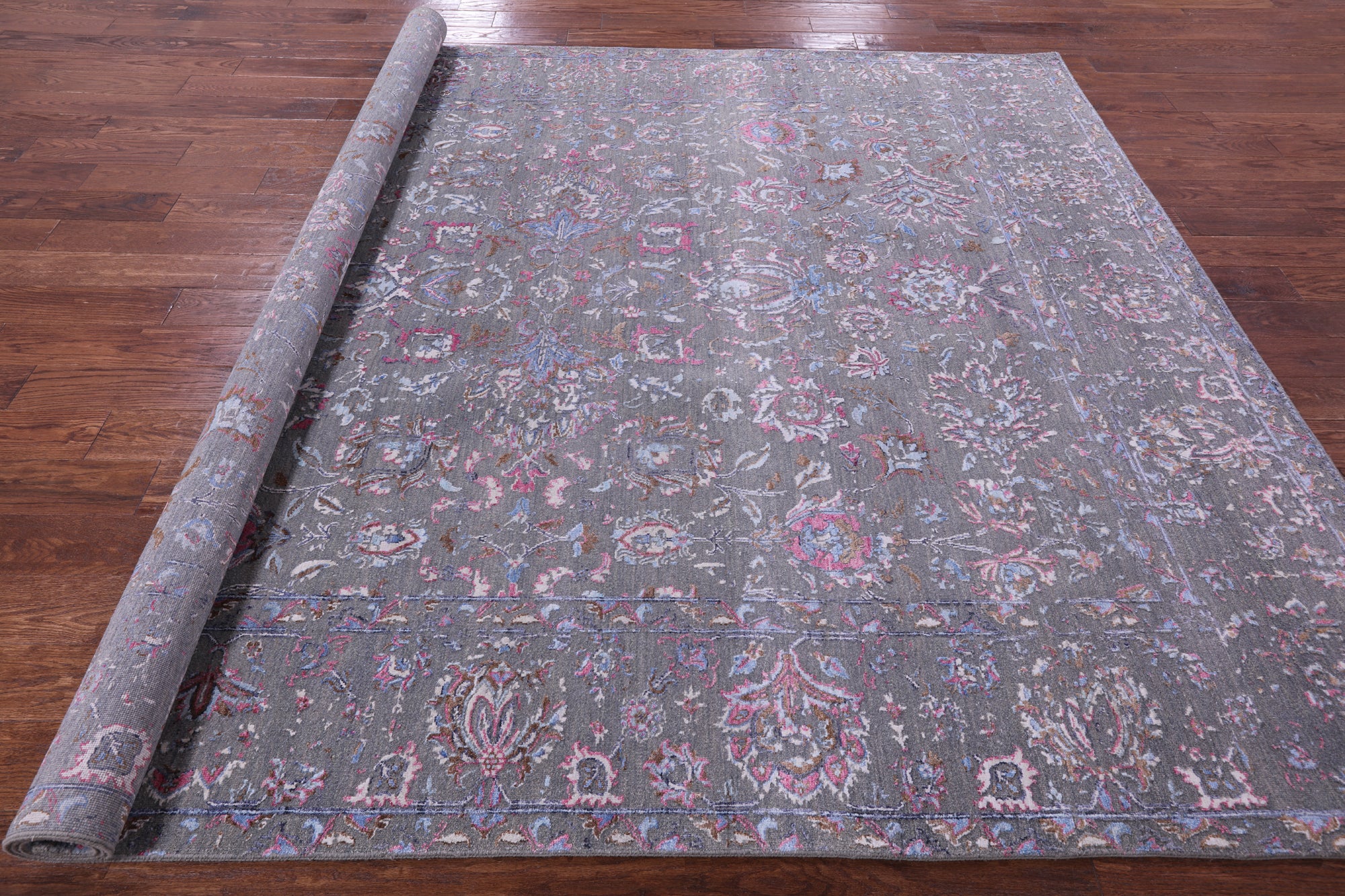 Grey Persian Tabriz Hand Knotted Wool & Silk Rug - 8' 0" X 9' 9" - Golden Nile