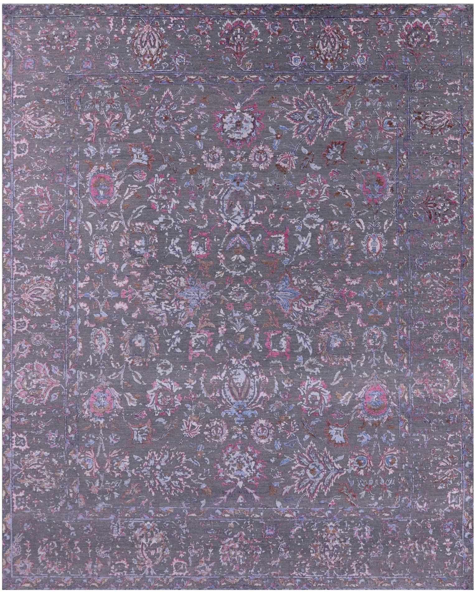 Grey Persian Tabriz Hand Knotted Wool & Silk Rug - 8' 0" X 9' 9" - Golden Nile
