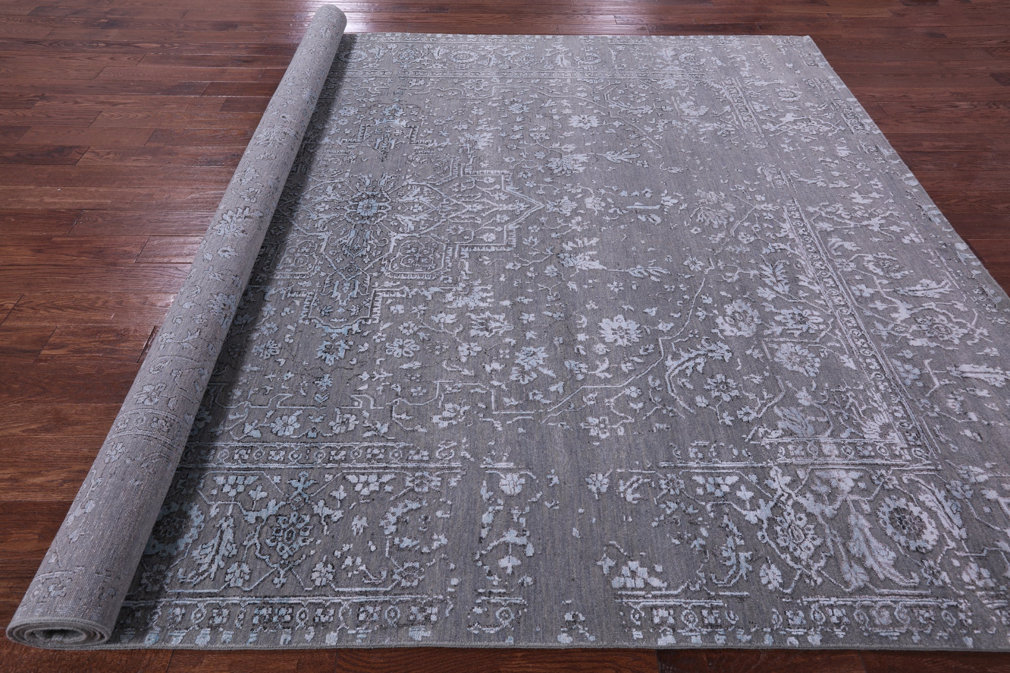 Grey Persian Fine Serapi Hand Knotted Wool & Silk Rug - 8' 11" X 11' 10" - Golden Nile