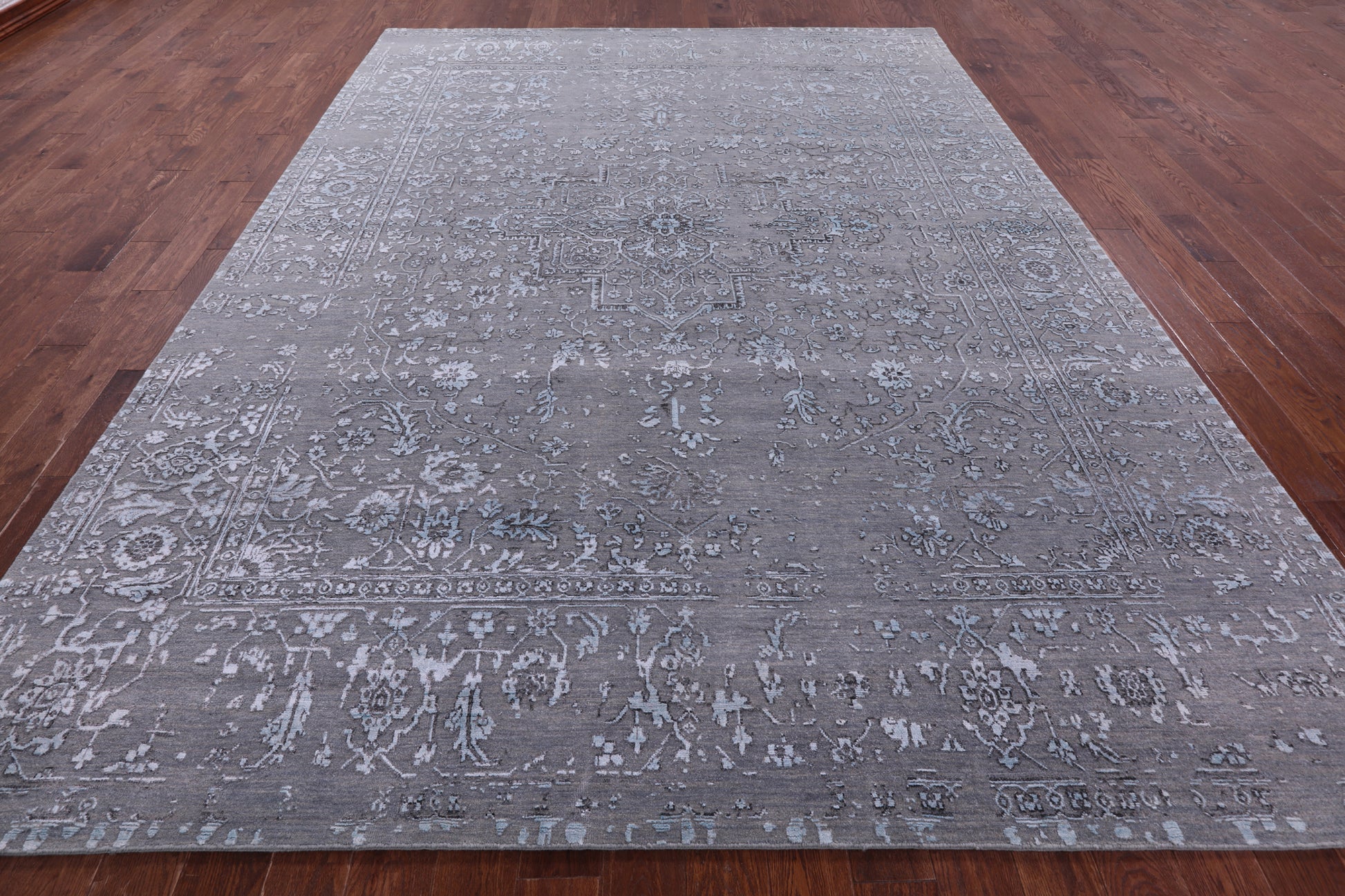 Grey Persian Fine Serapi Hand Knotted Wool & Silk Rug - 8' 11" X 11' 10" - Golden Nile