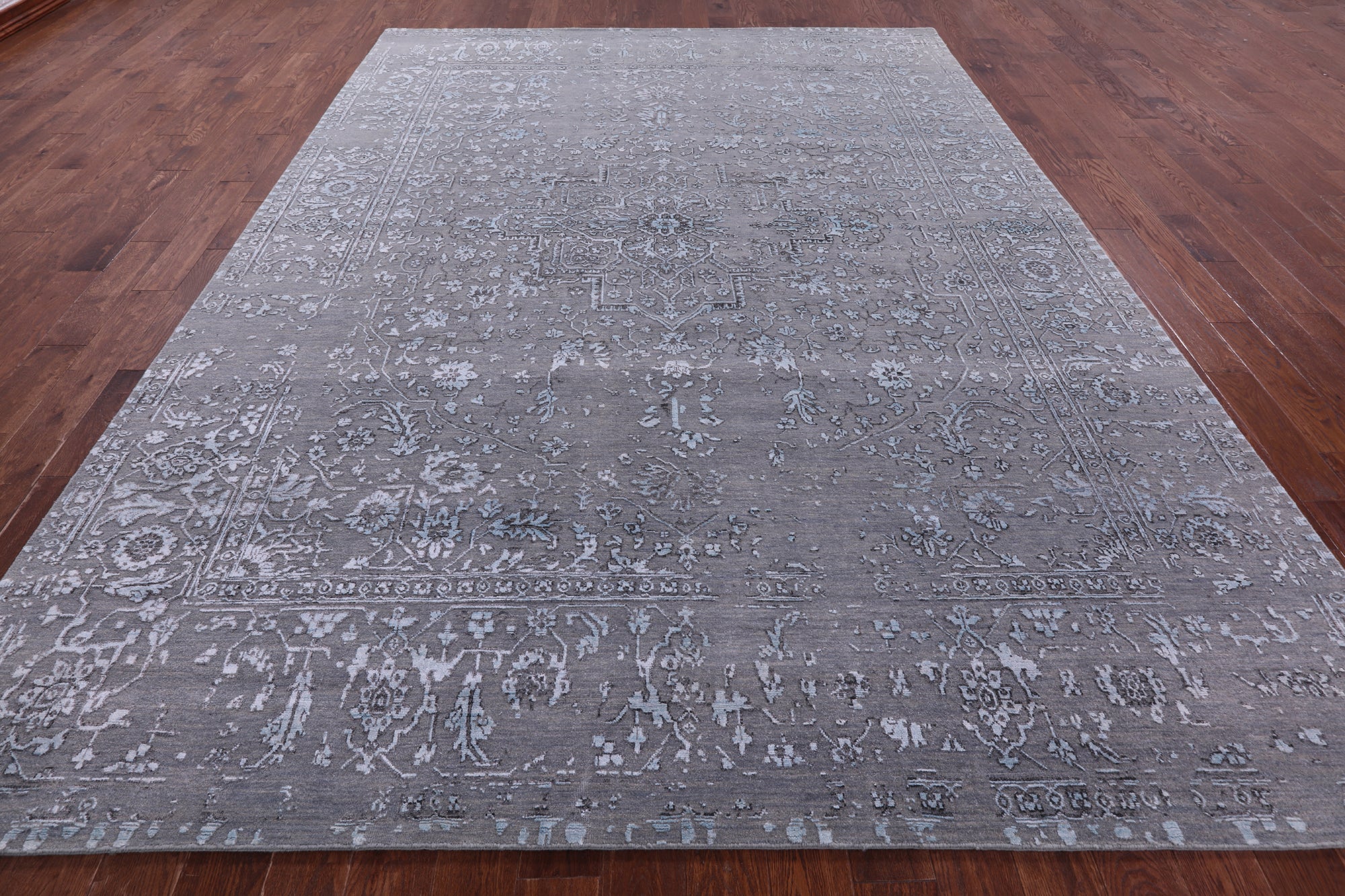 Grey Persian Fine Serapi Hand Knotted Wool & Silk Rug - 8' 11" X 11' 10" - Golden Nile