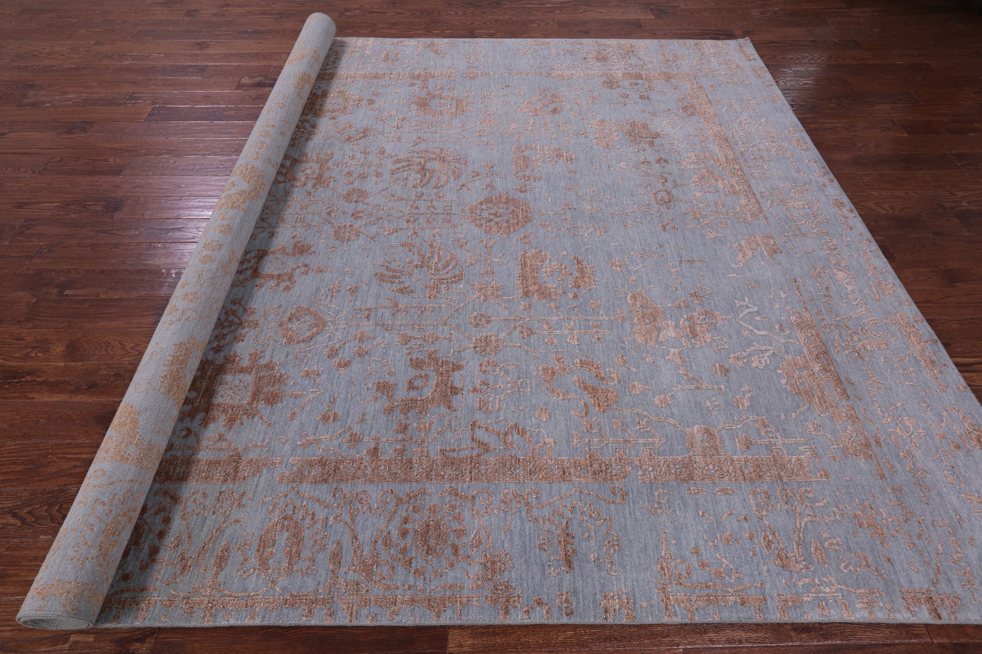 Grey Persian Tabriz Hand Knotted Wool & Silk Rug - 9' 0" X 12' 2" - Golden Nile