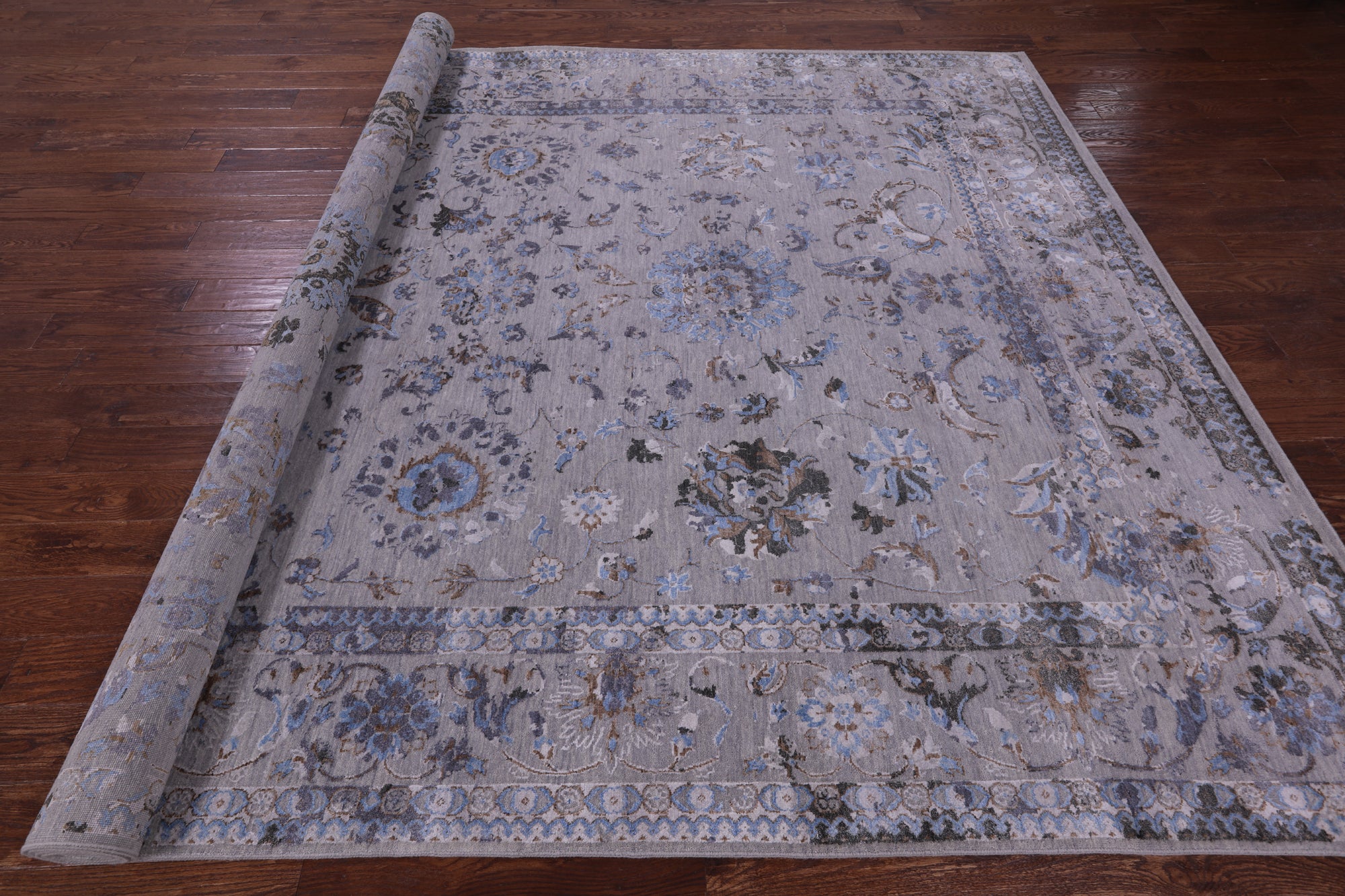 Grey Persian Tabriz Hand Knotted Wool & Silk Rug - 8' 10" X 11' 8" - Golden Nile