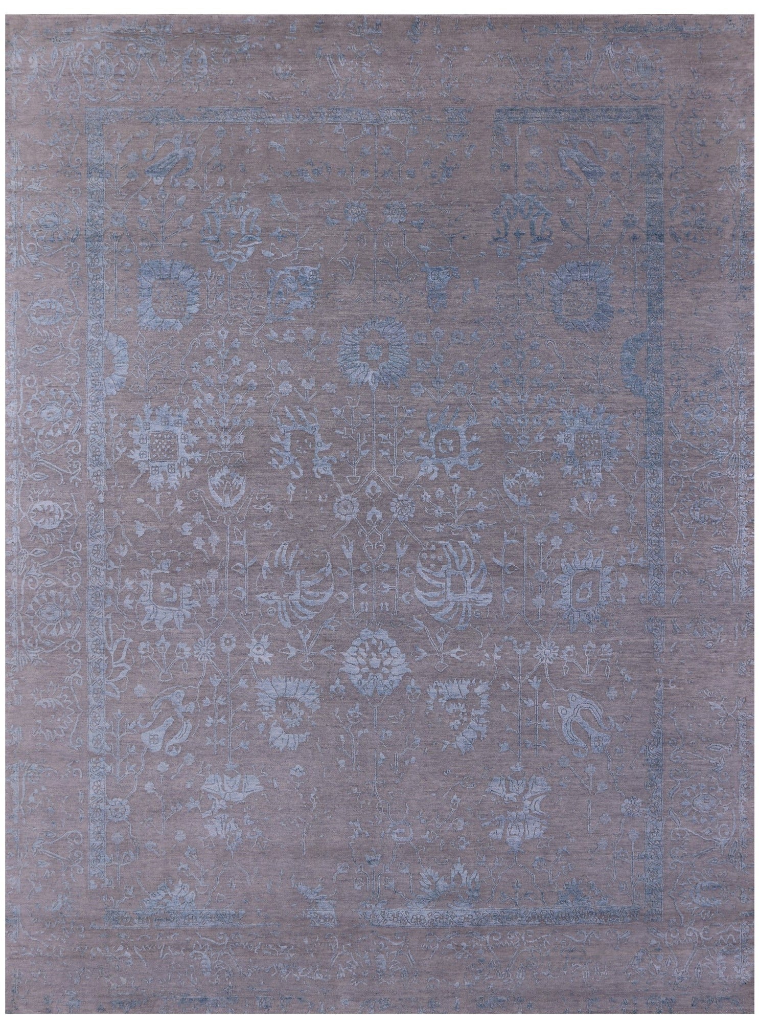 Grey Persian Tabriz Hand Knotted Wool & Silk Rug - 9' 0" X 12' 0" - Golden Nile