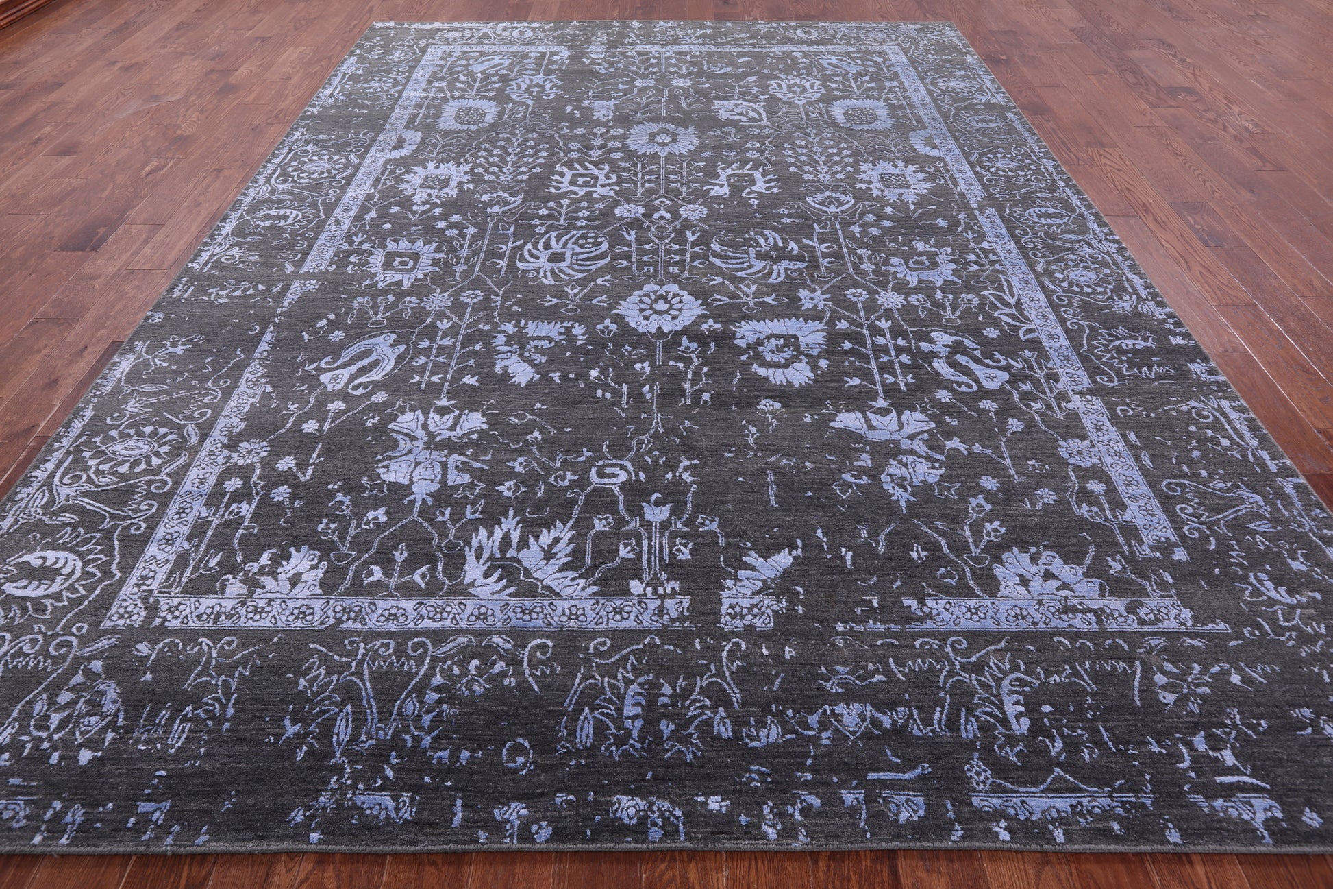 Grey Persian Tabriz Hand Knotted Wool & Silk Rug - 9' 0" X 12' 3" - Golden Nile