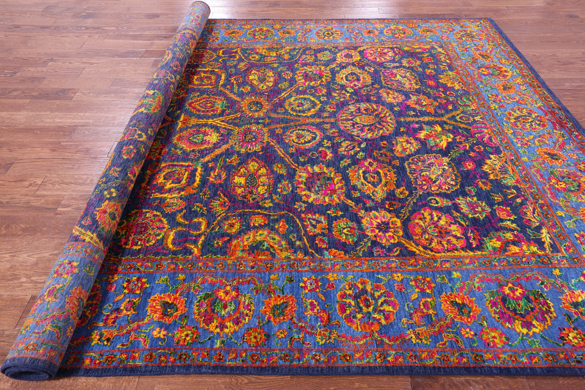 Blue Persian Hand Knotted Wool & Silk Rug - 9' 0" X 11' 10" - Golden Nile