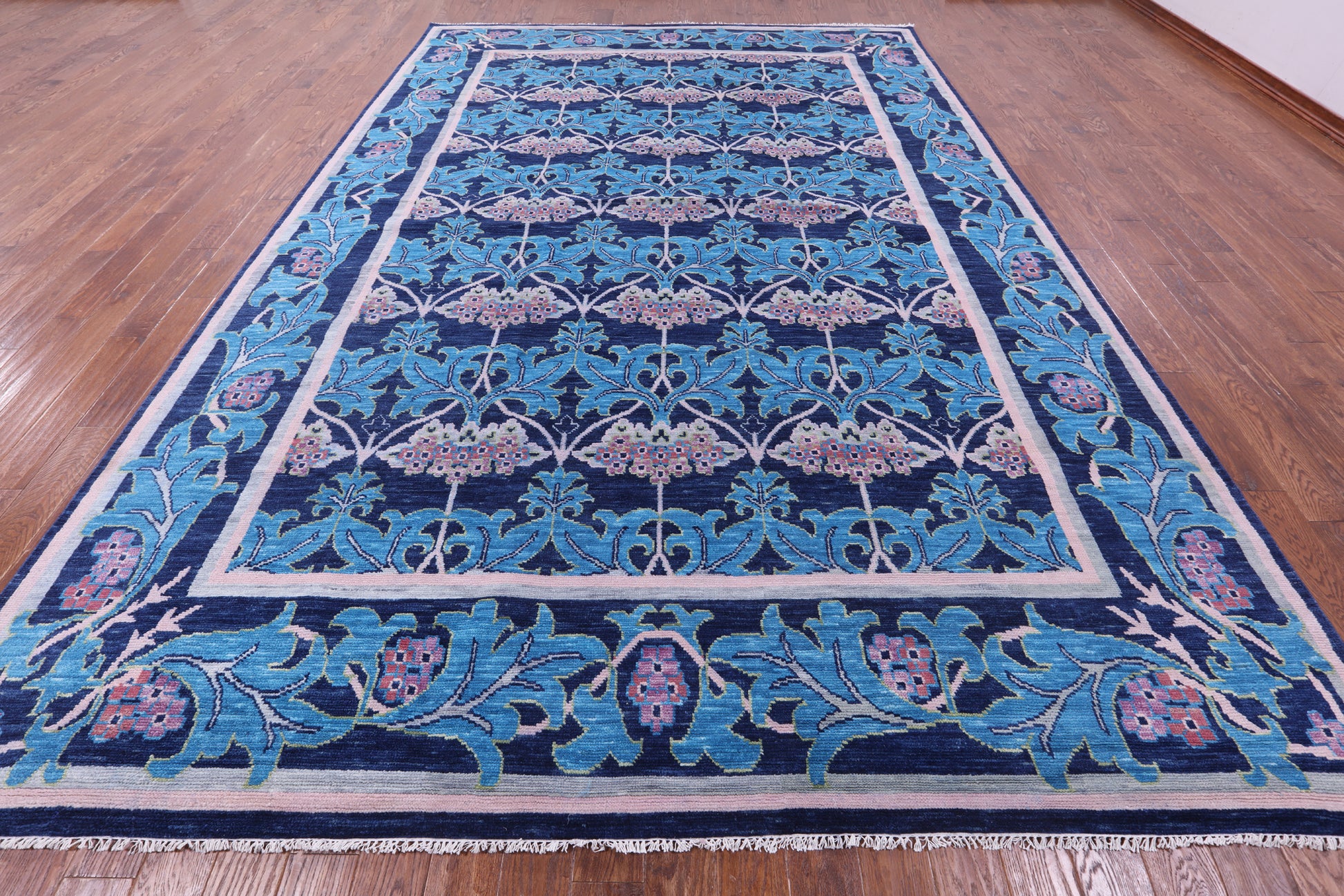 Blue William Morris Hand Knotted Wool Rug - 10' 0" X 14' 8" - Golden Nile