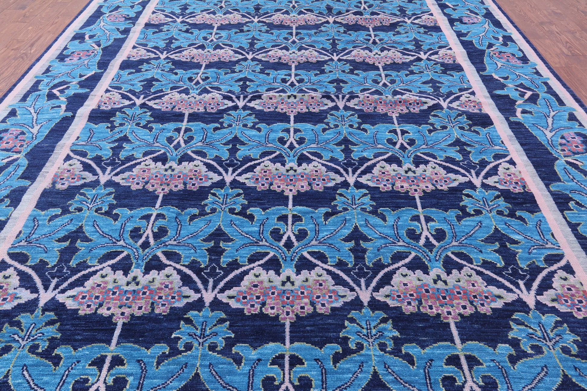 Blue William Morris Hand Knotted Wool Rug - 10' 0" X 14' 8" - Golden Nile