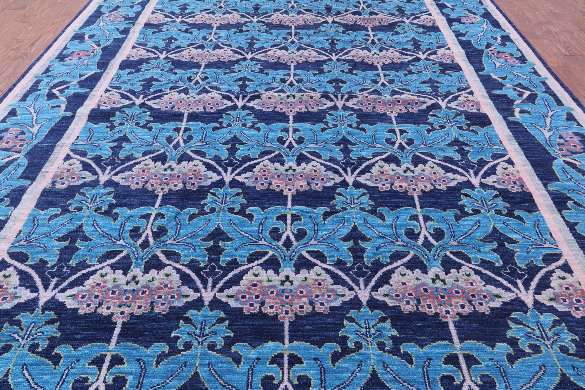 Blue William Morris Hand Knotted Wool Rug - 10' 0" X 14' 8" - Golden Nile
