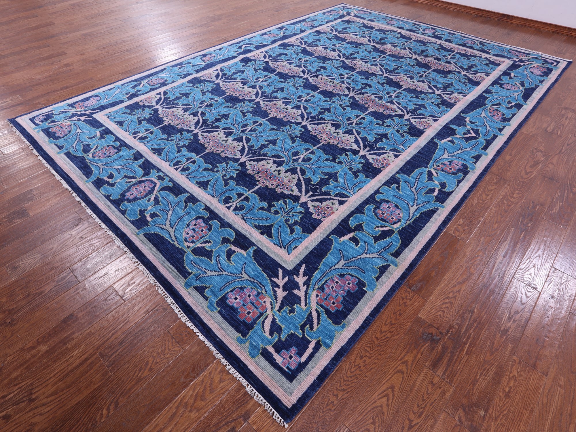 Blue William Morris Hand Knotted Wool Rug - 10' 0" X 14' 8" - Golden Nile