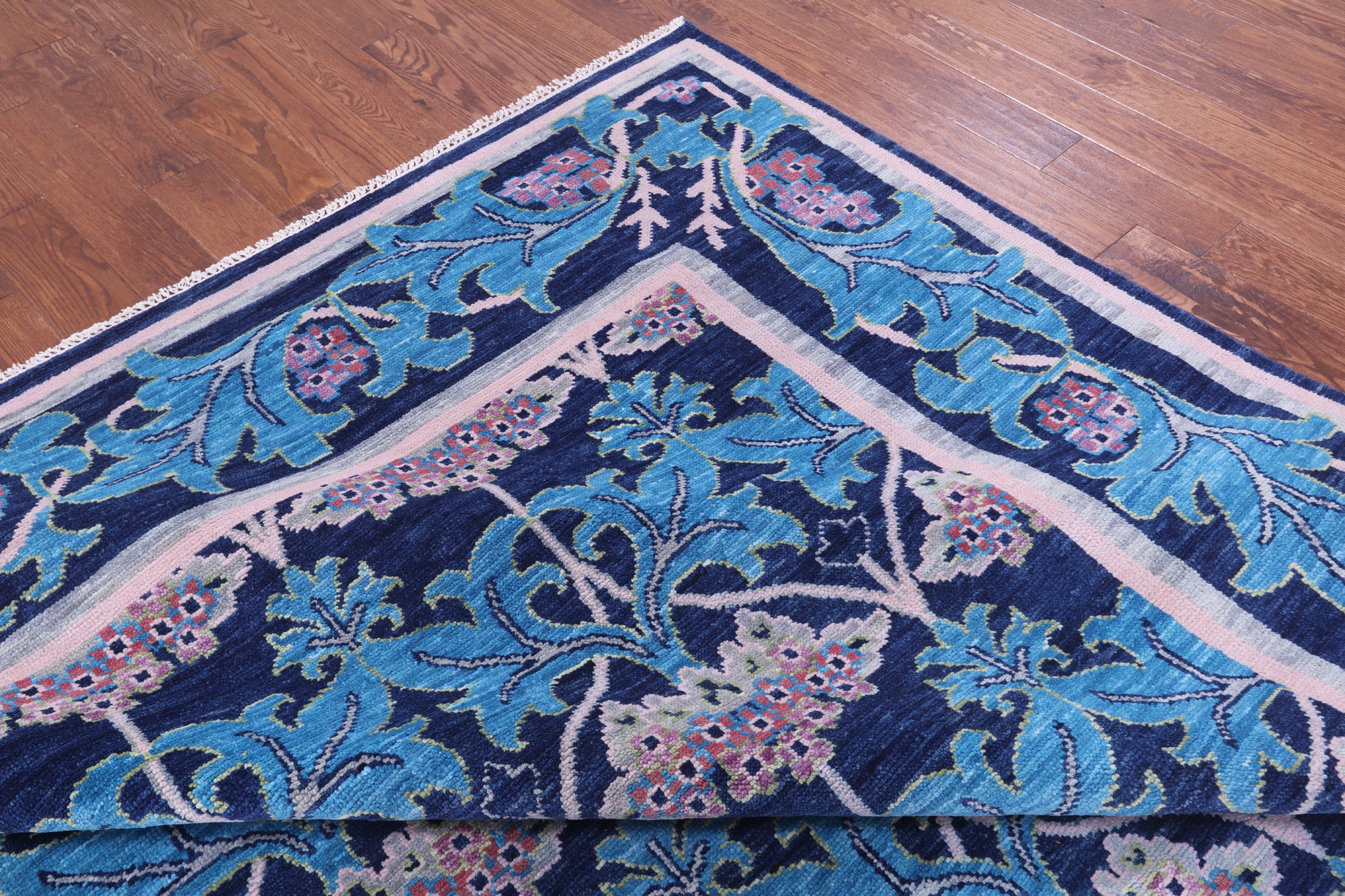 Blue William Morris Hand Knotted Wool Rug - 10' 0" X 14' 8" - Golden Nile
