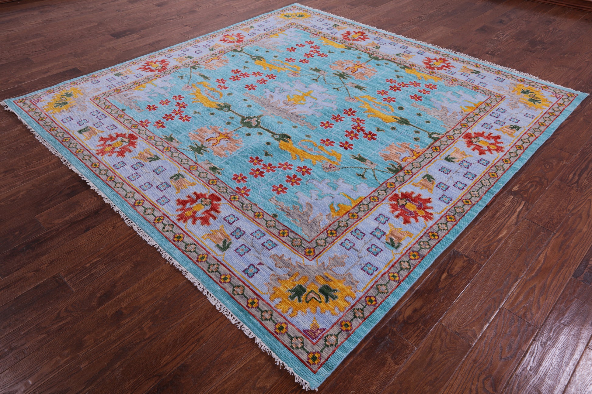 Blue Square Turkish Oushak Hand Knotted Wool Rug - 8' 1" X 8' 2" - Golden Nile
