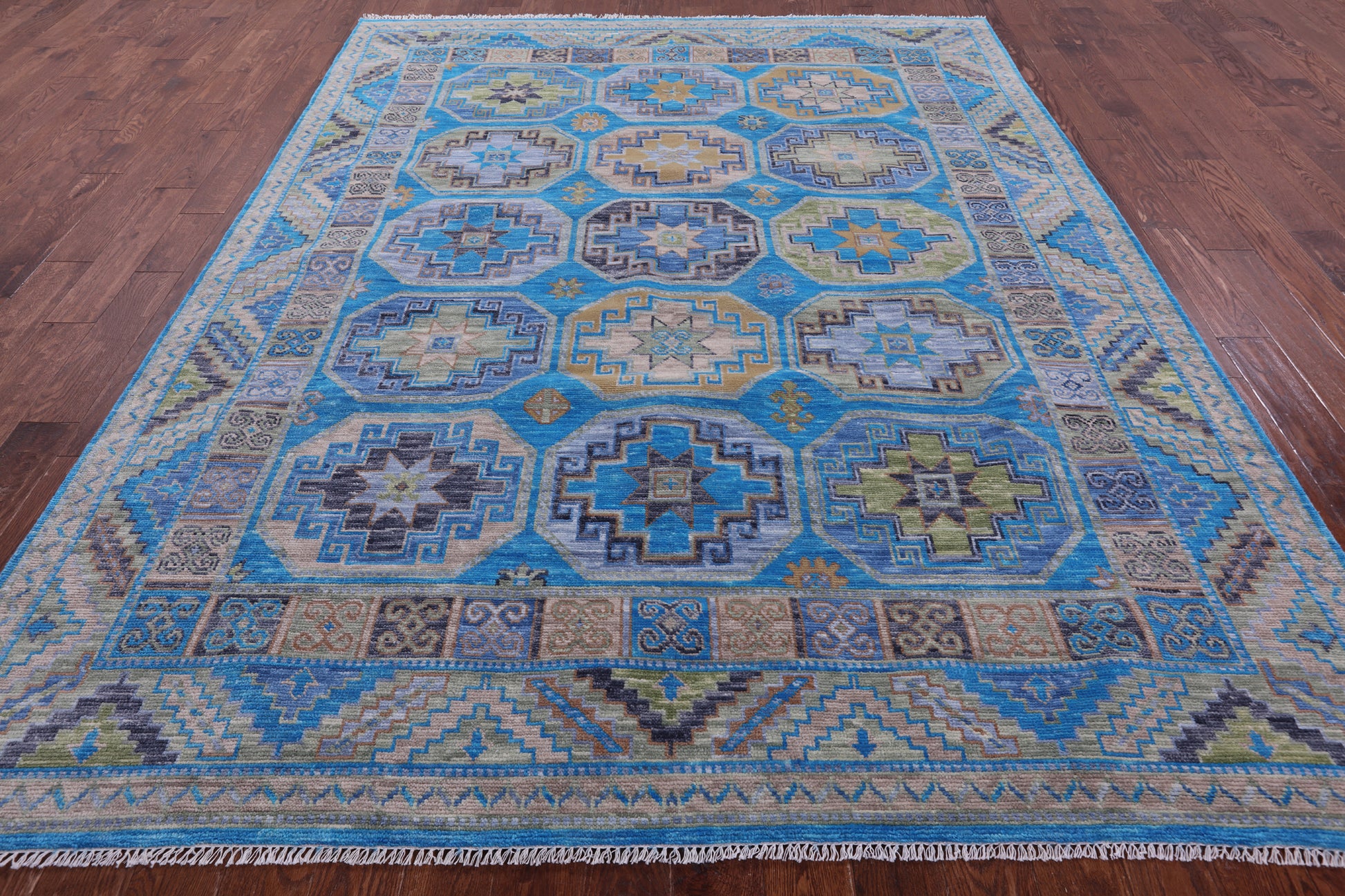 Blue Turkmen Ersari Hand Knotted Wool Rug - 8' 1" X 10' 4" - Golden Nile