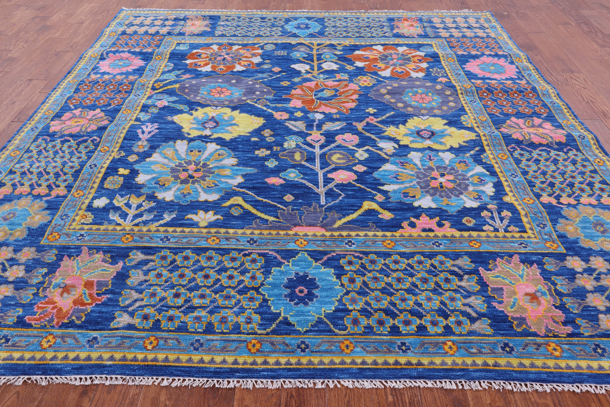 Blue Square Turkish Oushak Hand Knotted Wool Rug - 9' 0" X 9' 2" - Golden Nile