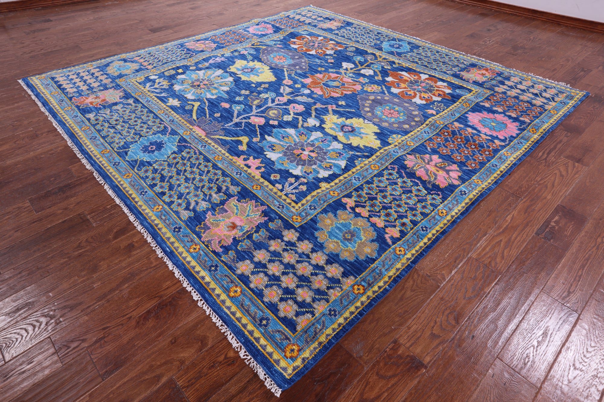 Blue Square Turkish Oushak Hand Knotted Wool Rug - 9' 0" X 9' 2" - Golden Nile