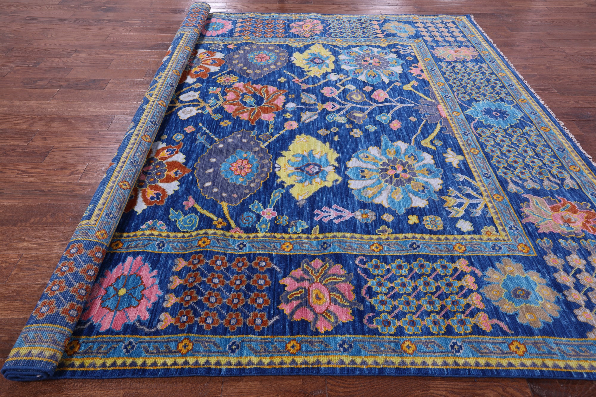 Blue Square Turkish Oushak Hand Knotted Wool Rug - 9' 0" X 9' 2" - Golden Nile