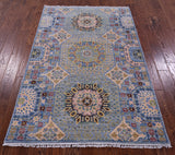 Blue Geometric Persian Mamluk Hand Knotted Wool Rug - 4' 1" X 6' 4" - Golden Nile