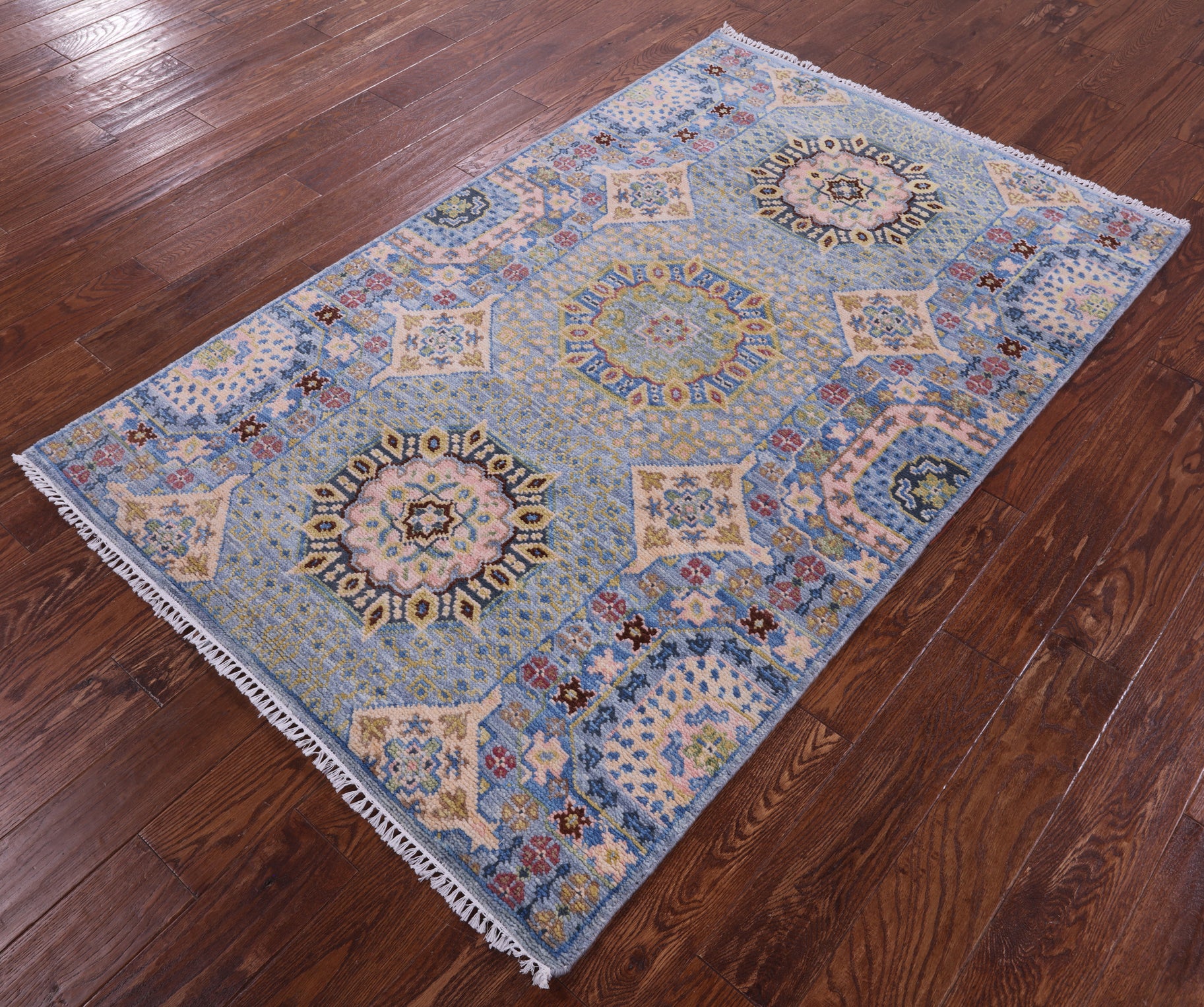 Blue Geometric Persian Mamluk Hand Knotted Wool Rug - 4' 1" X 6' 4" - Golden Nile