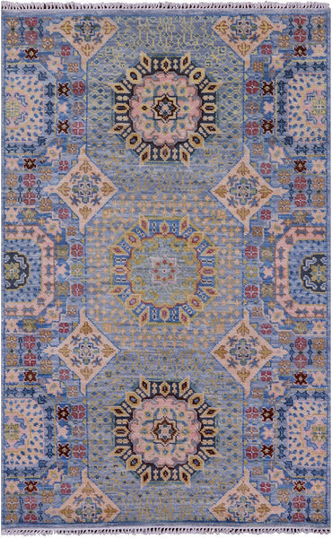 Blue Geometric Persian Mamluk Hand Knotted Wool Rug - 4' 1" X 6' 4" - Golden Nile