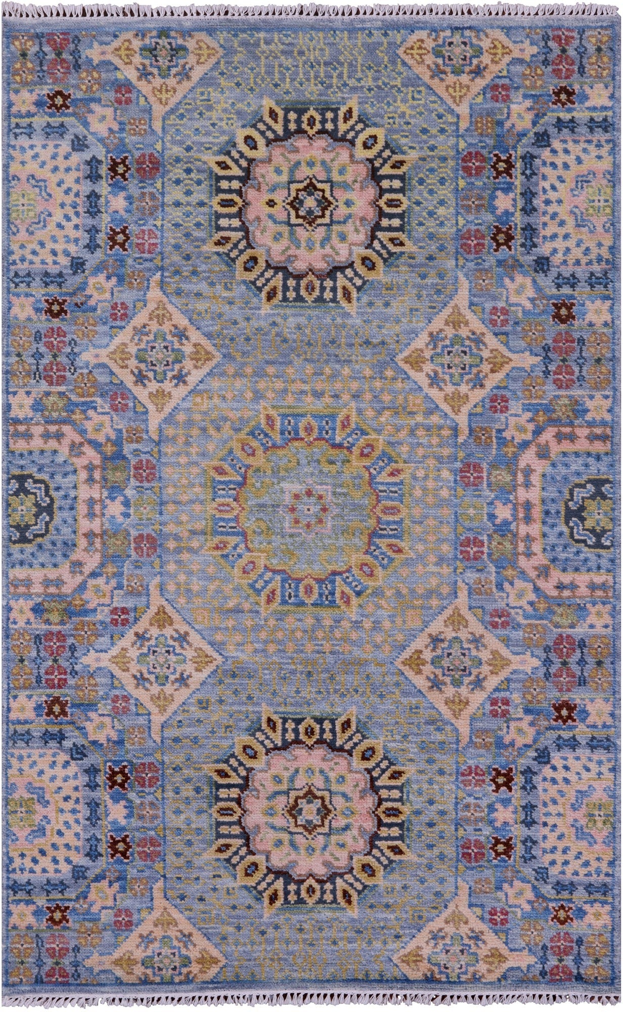 Blue Geometric Persian Mamluk Hand Knotted Wool Rug - 4' 1" X 6' 4" - Golden Nile