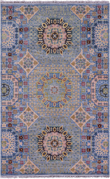 Blue Geometric Persian Mamluk Hand Knotted Wool Rug - 4' 1" X 6' 4" - Golden Nile