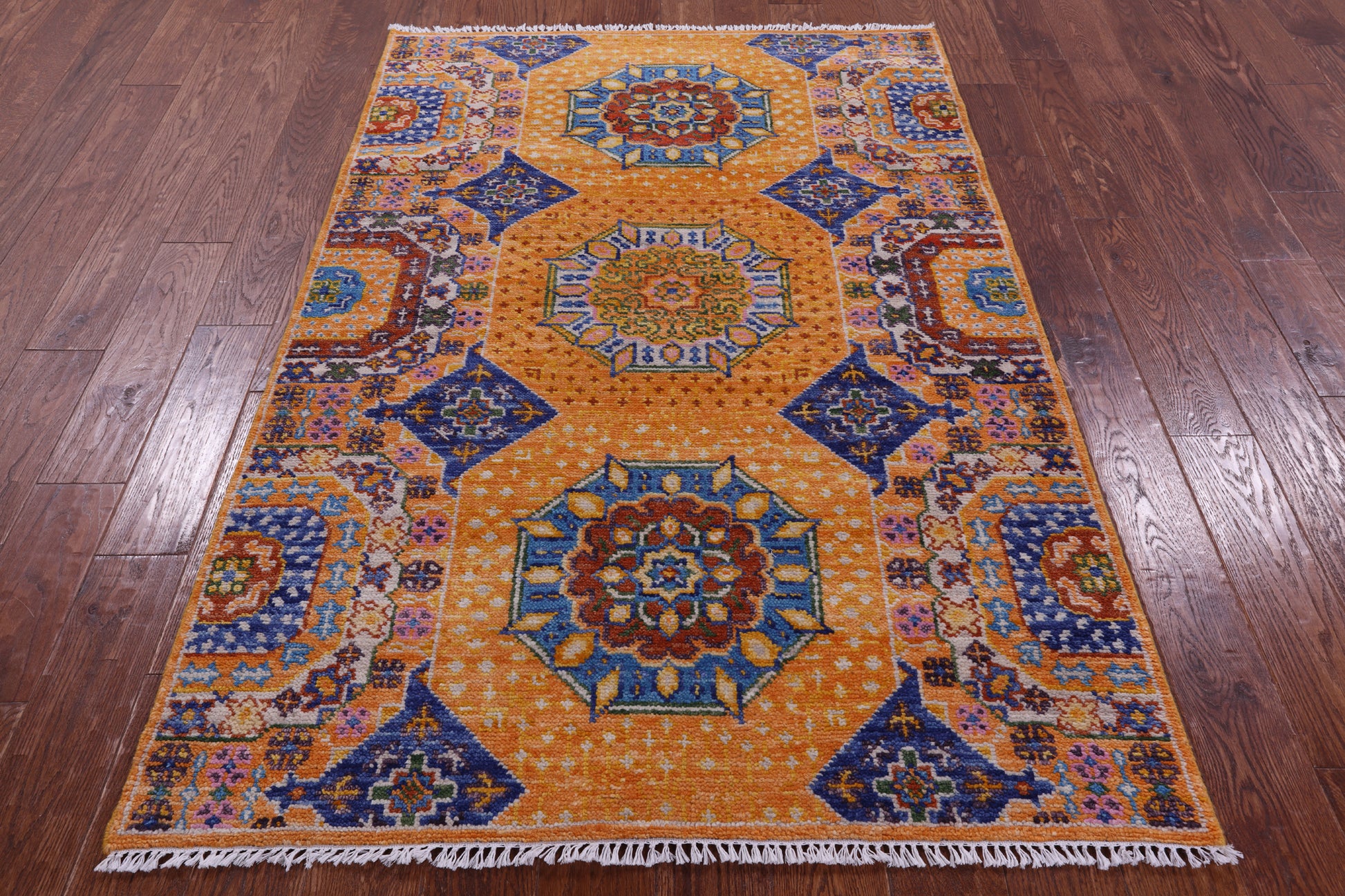 Orange Geometric Persian Mamluk Hand Knotted Wool Rug - 4' 1" X 6' 2" - Golden Nile