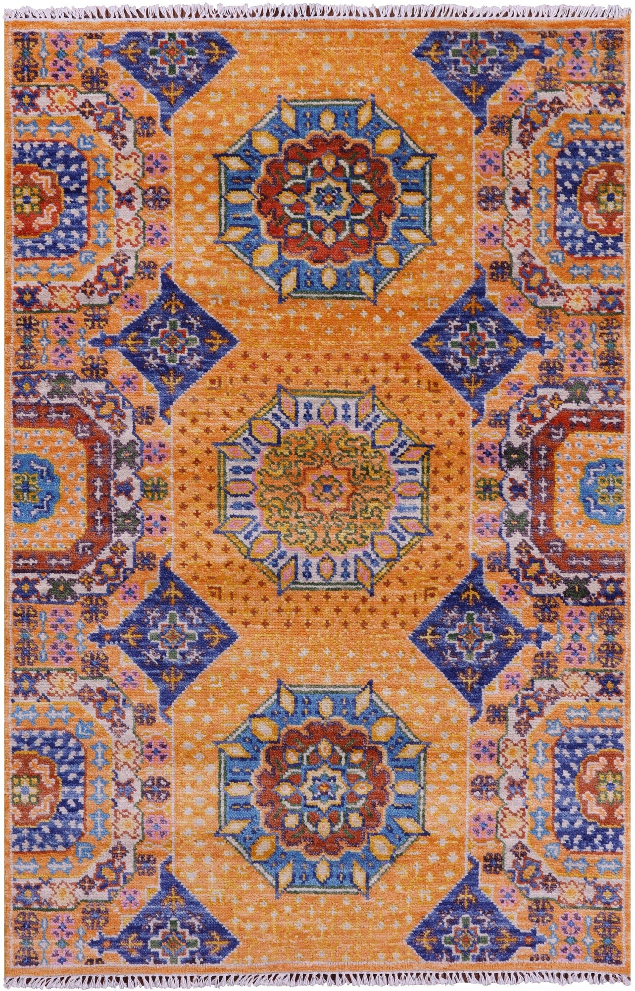 Orange Geometric Persian Mamluk Hand Knotted Wool Rug - 4' 1" X 6' 2" - Golden Nile