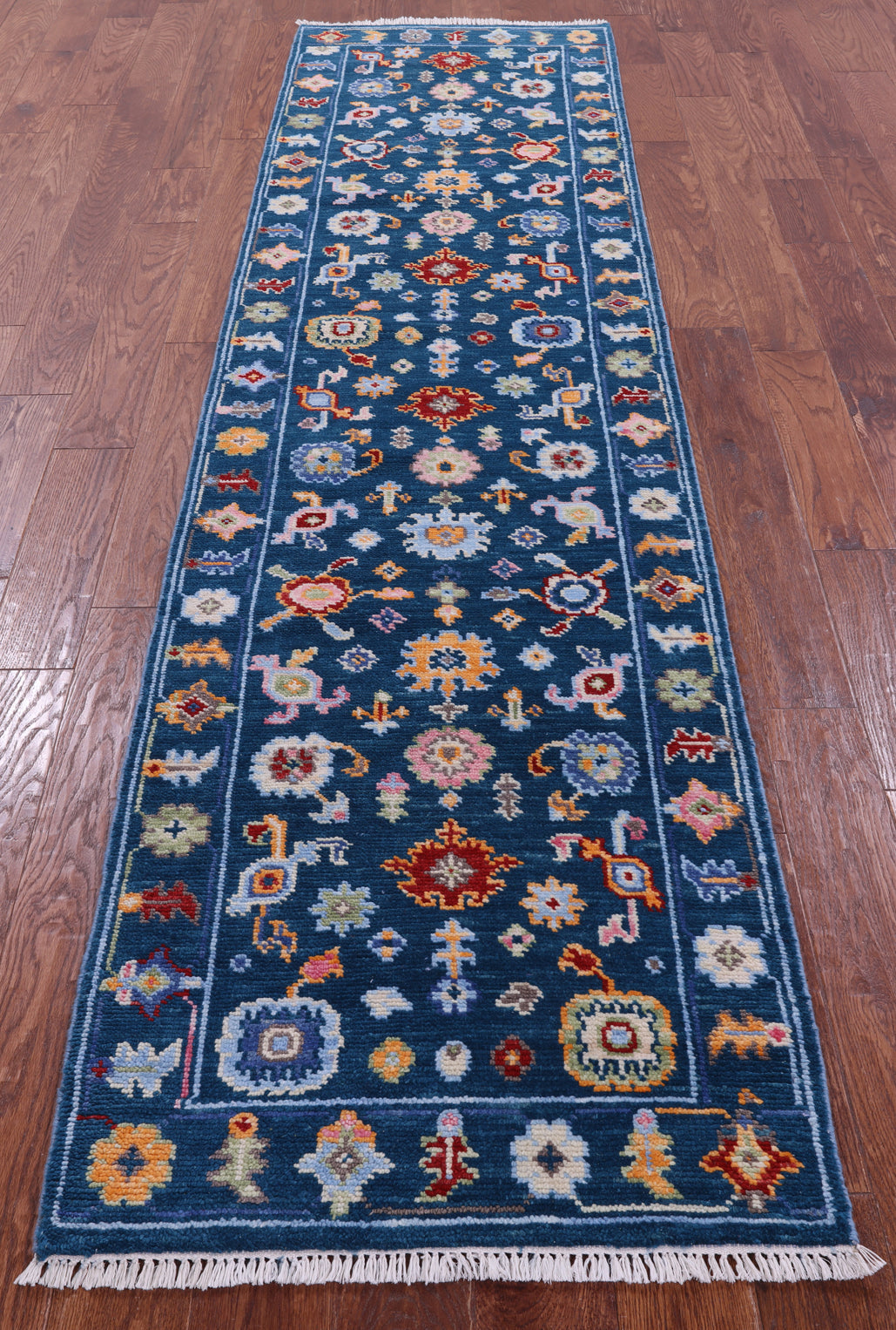 Blue Turkish Oushak Hand Knotted Wool Runner Rug - 2' 7" X 10' 2" - Golden Nile