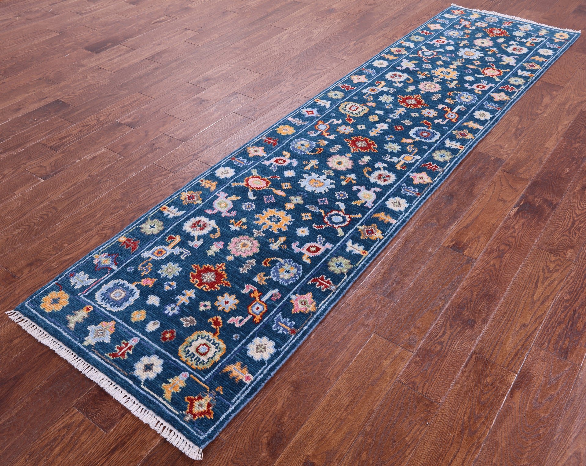Blue Turkish Oushak Hand Knotted Wool Runner Rug - 2' 7" X 10' 2" - Golden Nile
