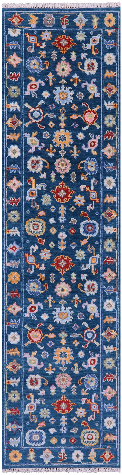 Blue Turkish Oushak Hand Knotted Wool Runner Rug - 2' 7" X 10' 2" - Golden Nile