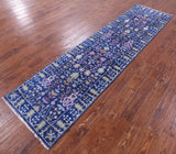 Blue Turkish Oushak Hand Knotted Wool Runner Rug - 2' 6" X 10' 0" - Golden Nile