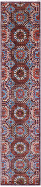 Geometric Persian Mamluk Hand Knotted Wool Runner Rug - 2' 6" X 12' 2" - Golden Nile