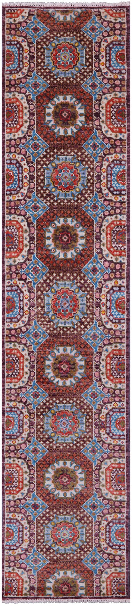 Geometric Persian Mamluk Hand Knotted Wool Runner Rug - 2' 6" X 12' 2" - Golden Nile
